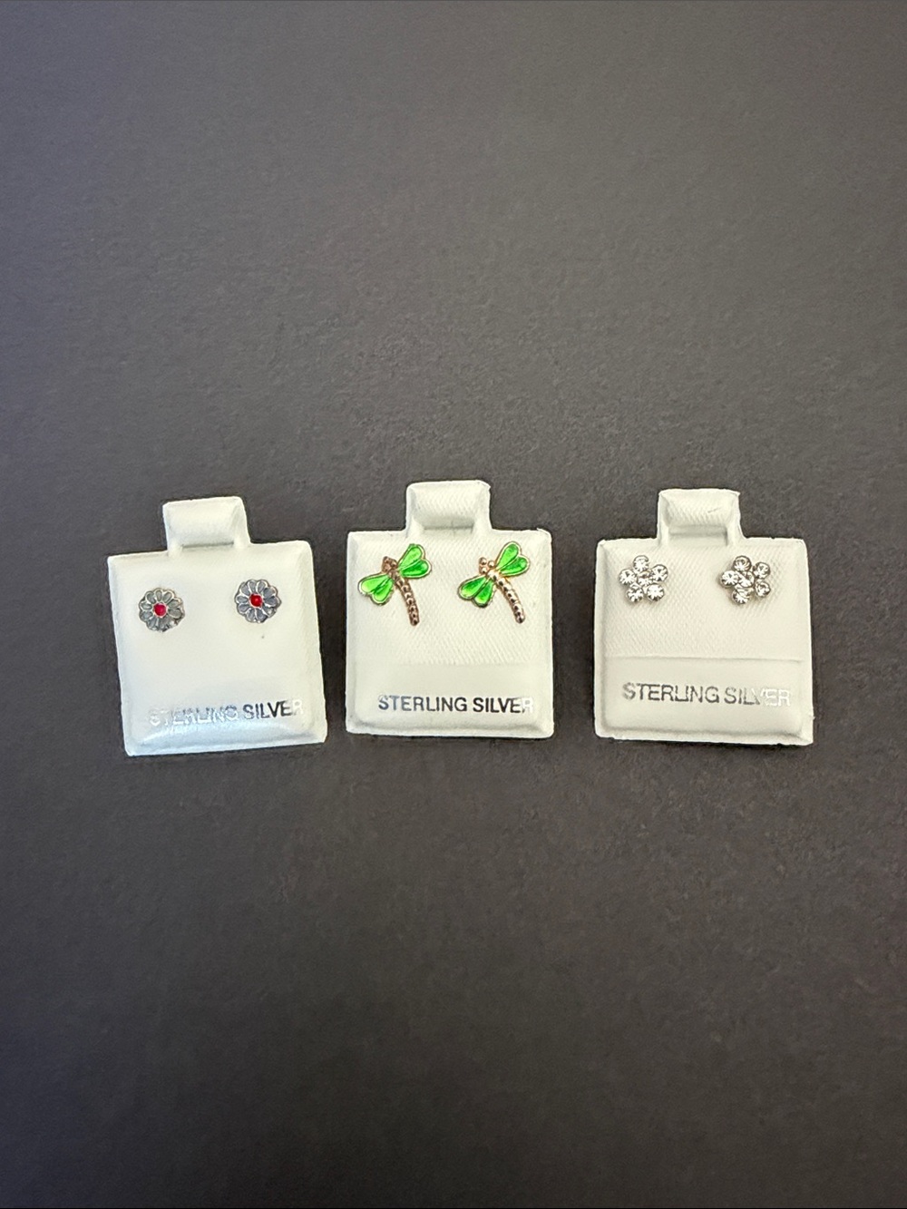 Sterling Silver Green daisy Dragonfly Gem Stud Earring Set of 3 kids/ adults